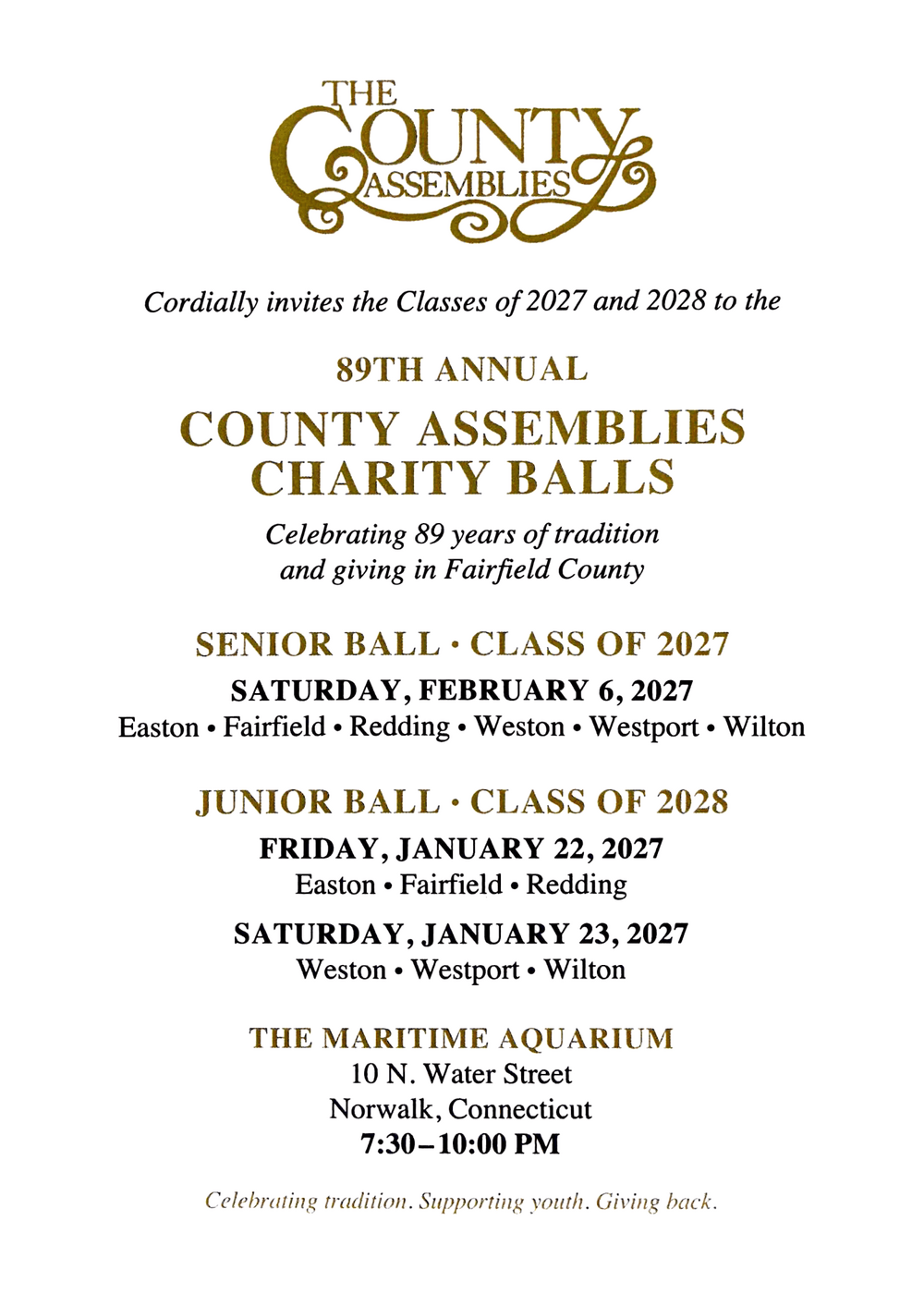 Invitation to the 89th Annual County Assemblies Charity Balls: Junior Ball January 22 and 23, Senior Ball February 6, 2027, at The Maritime Aquarium, Norwalk.