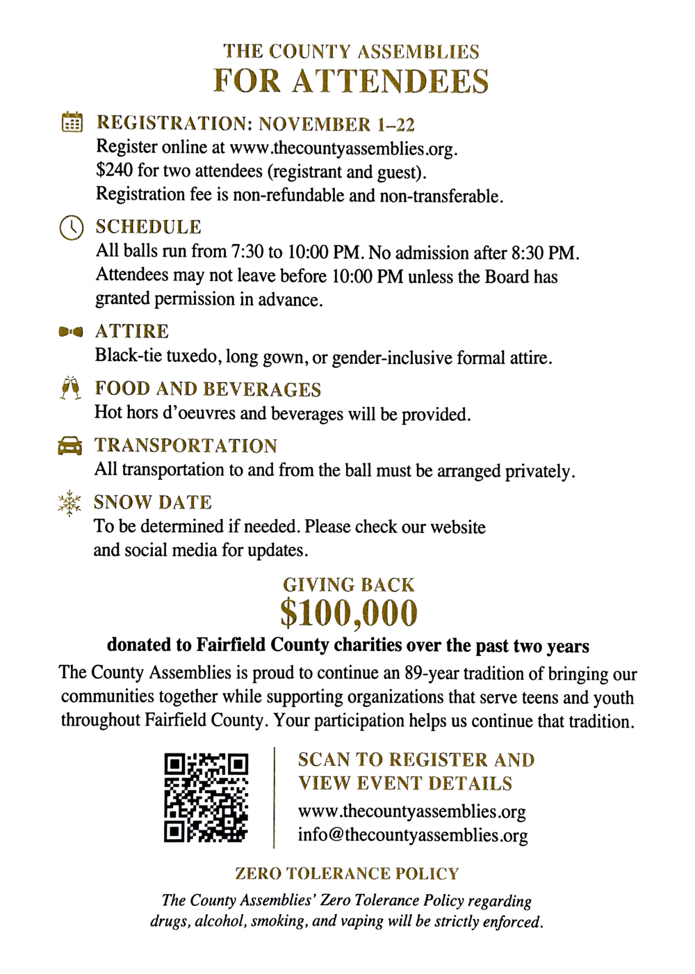 Attendee details: registration November 1 to 22, $240 for registrant and guest, black-tie attire, zero tolerance policy.